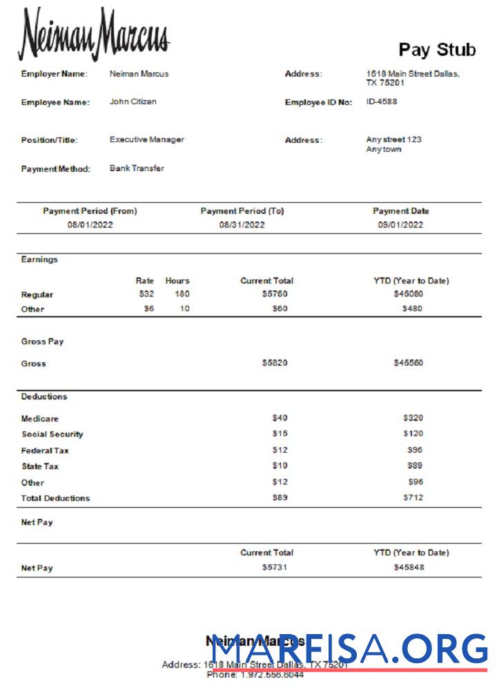 Realistic USA Neiman Marcus department store company pay stub example